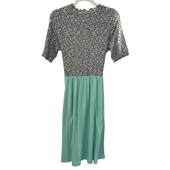 REB in J 220 Leopard Tie Waist Dress Womens Large Knee Length Green Animal Print - Picture 2 of 7